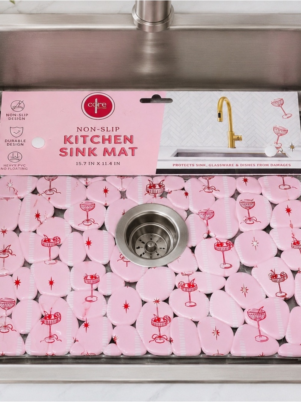 Pink Cocktail Glass Non Slip Kitchen Sink Mat Barware Pebble Mat NWT